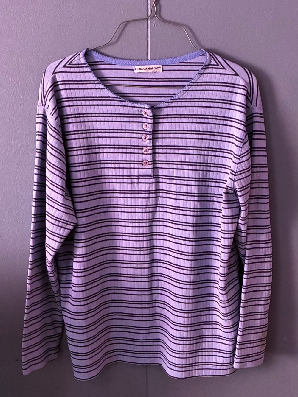 Rebecca Malone Light Blue and Navy Striped Henley Long Sleeve Top